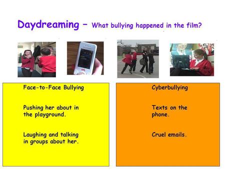 Daydreaming – What bullying happened in the film? Face-to-Face Bullying Pushing her about in the playground. Laughing and talking in groups about her.