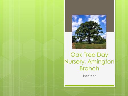Oak Tree Day Nursery, Amington Branch Heather. The Nursery set up…  Three rooms, equipped for specific age group  Toys cleaned regularly and thrown.