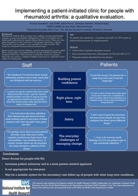 Background Rheumatoid Arthritis (RA) is a long term condition causing unpredictable episodes of pain and disability. Management of RA in secondary care.