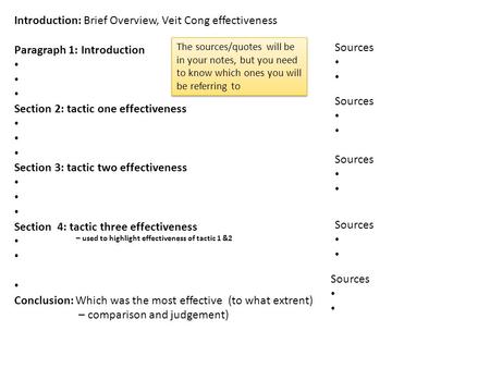 Introduction: Brief Overview, Veit Cong effectiveness Paragraph 1: Introduction Section 2: tactic one effectiveness Section 3: tactic two effectiveness.