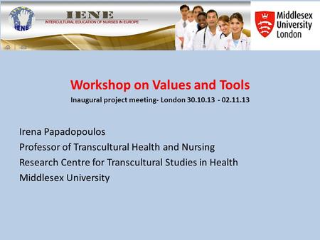 Workshop on Values and Tools Inaugural project meeting- London 30.10.13 - 02.11.13 Irena Papadopoulos Professor of Transcultural Health and Nursing Research.