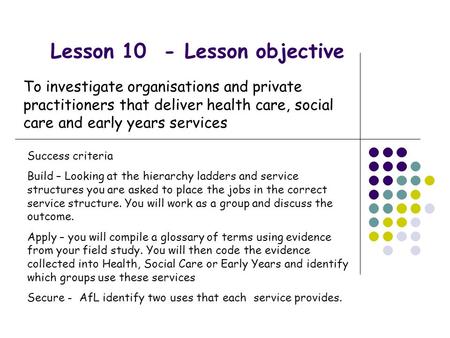 Lesson 10 - Lesson objective To investigate organisations and private practitioners that deliver health care, social care and early years services Success.