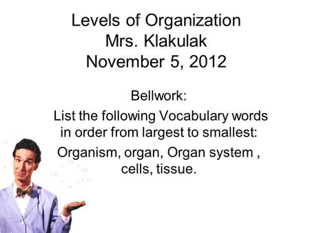 Levels of Organization Mrs. Klakulak November 5, 2012 Bellwork: List the following Vocabulary words in order from largest to smallest: Organism, organ,