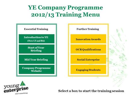 YE Company Programme 2012/13 Training Menu Essential Training Introduction to YE (New LT and BA) Start of Year Briefing Mid Year Briefing Further Training.