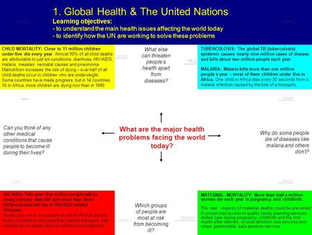 1. Global Health & The United Nations Learning objectives: - to understand the main health issues affecting the world today - to identify how the UN are.