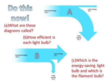 (c)Which is the energy-saving light bulb and which is the filament bulb? (a)What are these diagrams called? (b)How efficient is each light bulb?