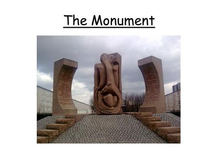 The Monument. The Drancy Memorial stone blocks make the Hebrew letter SCHIN. The two lateral blocks symbolize the Gate of Death. The central block features.