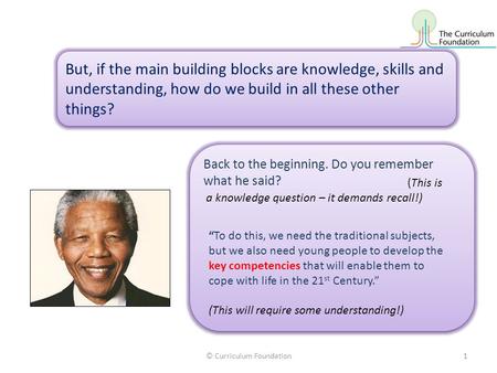 But, if the main building blocks are knowledge, skills and understanding, how do we build in all these other things? Back to the beginning. Do you remember.