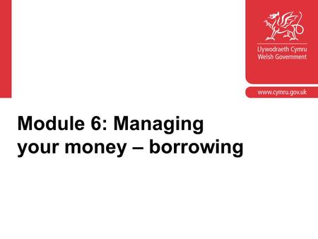 Module 6: Managing your money – borrowing. Module objectives Provide an opportunity to look at the learner outcomes in the ‘Manage money’ element of the.