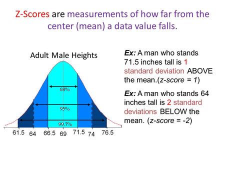 Z-Scores are measurements of how far from the center (mean) a data value falls. Ex: A man who stands 71.5 inches tall is 1 standard deviation ABOVE the.