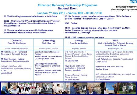 Enhanced Recovery Partnership Programme National Event 09:00-09:30 - Registration and refreshments – Smile Suite 09:30 – Overview of ERPP and General Principles: