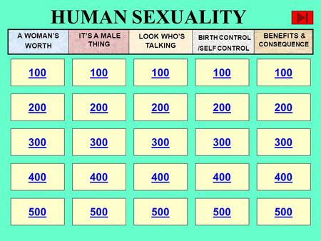HUMAN SEXUALITY 100 200 100 200 300 400 500 300 400 500 100 200 300 400 500 100 200 300 400 500 100 200 300 400 500 A WOMAN’S WORTH IT’S A MALE THING.