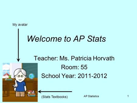AP Statistics 1 Welcome to AP Stats Teacher: Ms. Patricia Horvath Room: 55 School Year: 2011-2012 (Stats Textbooks) My avatar.