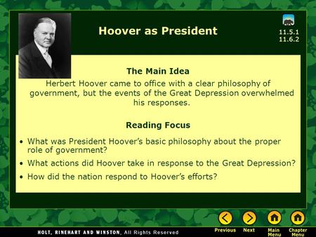 Hoover as President The Main Idea