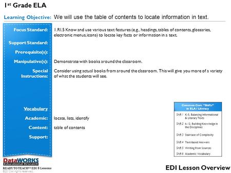 1 st Grade ELA Learning Objective: We will use the table of contents to locate information in text. READY TO TEACH SM EDI ® Lessons ©2013 All rights reserved.