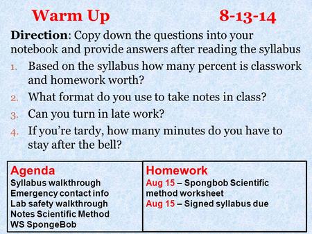 Warm Up Agenda Homework