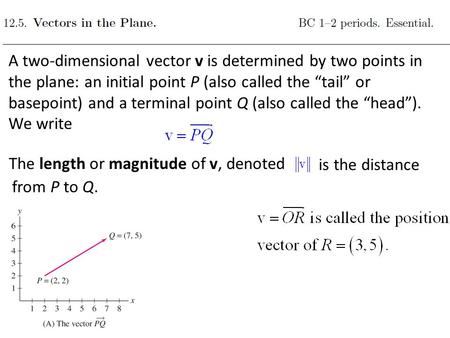 A two-dimensional vector v is determined by two points in the plane: an initial point P (also called the “tail” or basepoint) and a terminal point Q (also.