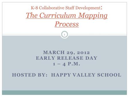 MARCH 29, 2012 EARLY RELEASE DAY 1 – 4 P.M. HOSTED BY: HAPPY VALLEY SCHOOL K-8 Collaborative Staff Development : The Curriculum Mapping Process 1.