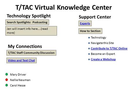 Jen will insert info here….(read more) Support Center Experts How to Section Video and Text Chat T/TAC Staff Community Discussion T/TAC Virtual Knowledge.