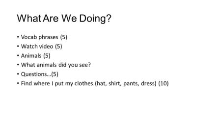 What Are We Doing? Vocab phrases (5) Watch video (5) Animals (5) What animals did you see? Questions…(5) Find where I put my clothes (hat, shirt, pants,