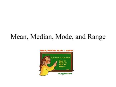 Mean, Median, Mode, and Range. Mean Mean: Average 1)First, order the numbers from least to greatest. 2)Next, add the numbers in the data set. 3)Then,