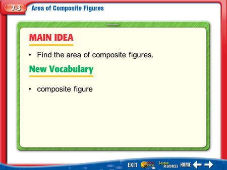 Main Idea/Vocabulary composite figure Find the area of composite figures.