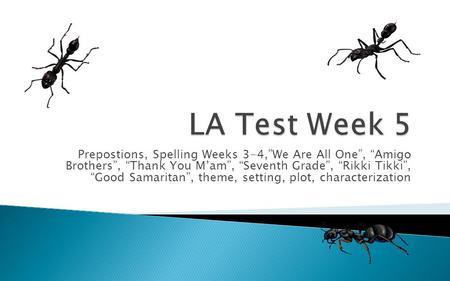 Prepostions, Spelling Weeks 3-4,”We Are All One”, “Amigo Brothers”, “Thank You M’am”, “Seventh Grade”, “Rikki Tikki”, “Good Samaritan”, theme, setting,