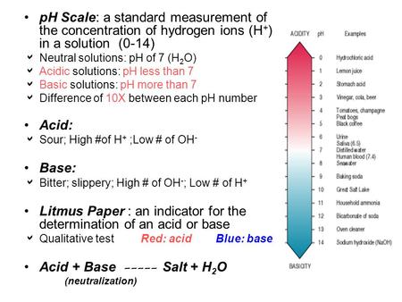 PH Scale: a standard measurement of the concentration of hydrogen ions (H + ) in a solution (0-14)  Neutral solutions: pH of 7 (H 2 O)  Acidic solutions: