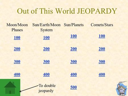 Out of This World JEOPARDY Moon/Moon Phases 100 200 300 400 Sun/Earth/Moon System 100 200 300 400 Sun/Planets 100 200 300 400 500 Comets/Stars 100 200.