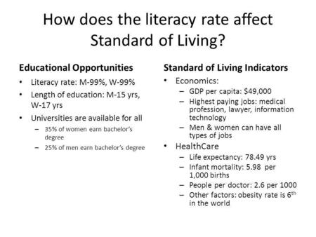 How does the literacy rate affect Standard of Living? Educational Opportunities Literacy rate: M-99%, W-99% Length of education: M-15 yrs, W-17 yrs Universities.
