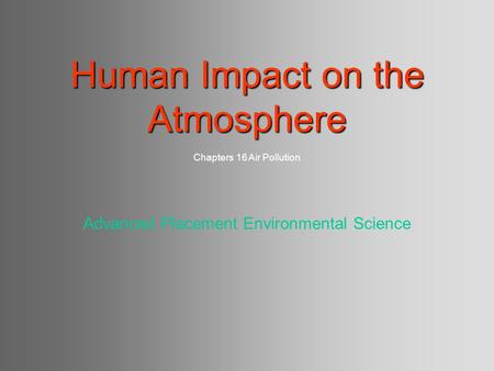 Human Impact on the Atmosphere Chapters 16 Air Pollution