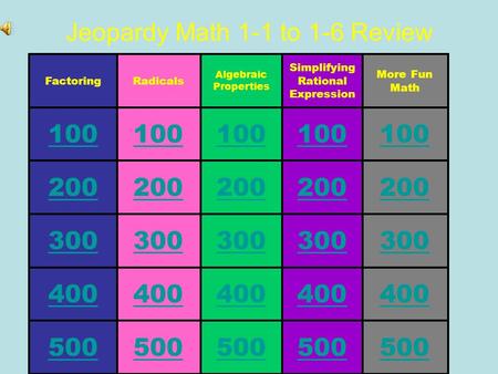 Jeopardy Math 1-1 to 1-6 Review 100 Algebraic Properties 500 300 200 400 100 Radicals 500 300 200 400 100 Factoring 500 300 200 400 100 More Fun Math.