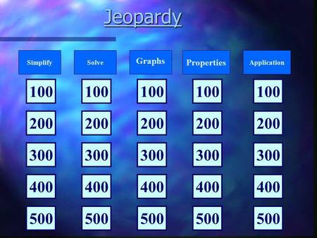 Jeopardy 100 200 300 400 500 100 200 300 400 500 100 200 300 400 500 100 200 300 400 500 100 200 300 400 500 SimplifySolve Graphs Application Properties.