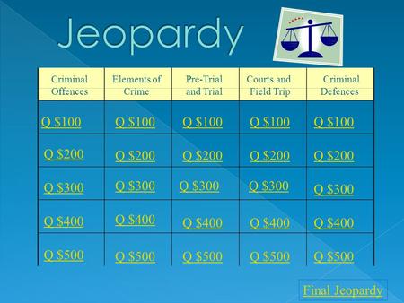 Criminal Offences Elements of Crime Pre-Trial and Trial Courts and Field Trip Criminal Defences Q $100 Q $200 Q $300 Q $400 Q $500 Q $100 Q $200 Q $300.