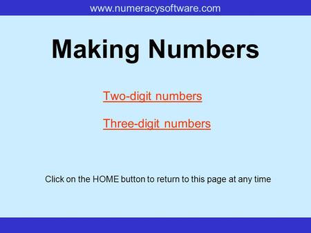 Www.numeracysoftware.com Making Numbers Two-digit numbers Three-digit numbers Click on the HOME button to return to this page at any time.