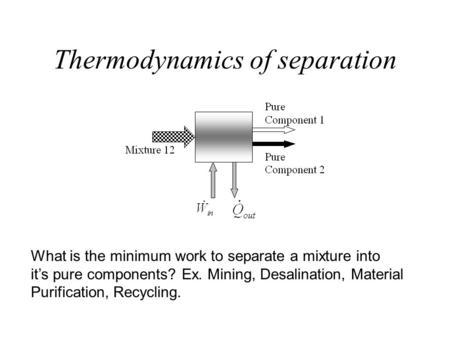 Thermodynamics of separation What is the minimum work to separate a mixture into it’s pure components? Ex. Mining, Desalination, Material Purification,