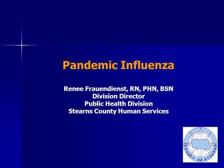 Pandemic Influenza Renee Frauendienst, RN, PHN, BSN Division Director Public Health Division Stearns County Human Services.