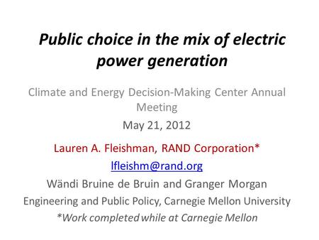 Public choice in the mix of electric power generation Climate and Energy Decision-Making Center Annual Meeting May 21, 2012 Lauren A. Fleishman, RAND Corporation*