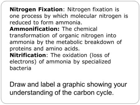 Nitrogen Fixation: Nitrogen fixation is one process by which molecular nitrogen is reduced to form ammonia. Ammonification: The chemical transformation.