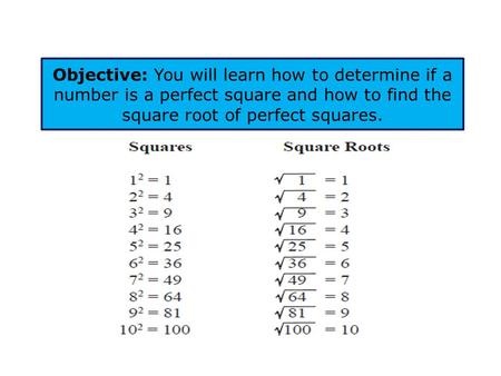 Objective: You will learn how to determine if a number is a perfect square and how to find the square root of perfect squares.