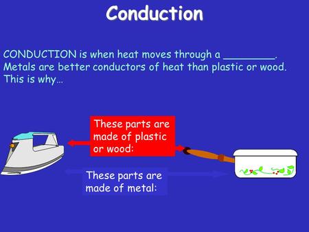 Conduction CONDUCTION is when heat moves through a ________. Metals are better conductors of heat than plastic or wood. This is why… These parts are.