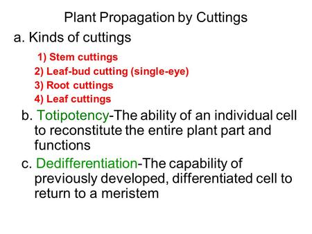 Plant Propagation by Cuttings a. Kinds of cuttings 1) Stem cuttings 2) Leaf-bud cutting (single-eye) 3) Root cuttings 4) Leaf cuttings b. Totipotency-The.