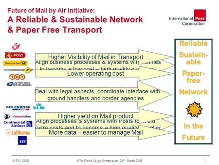 © IPC, 2008 IATA World Cargo Symposium, 05 th March 20081 Future of Mail by Air Initiative; A Reliable & Sustainable Network & Paper Free Transport Reliable.