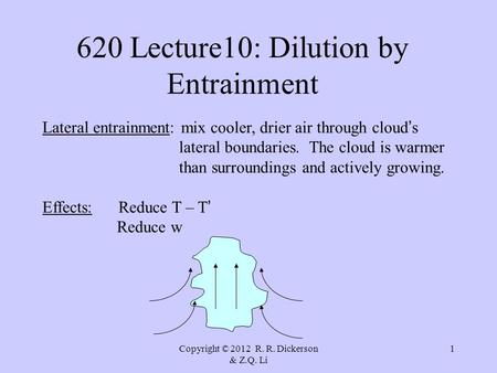 Copyright © 2012 R. R. Dickerson & Z.Q. Li 1 620 Lecture10: Dilution by Entrainment Lateral entrainment: mix cooler, drier air through cloud ’ s lateral.