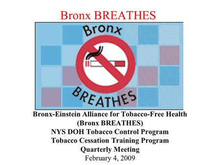 Bronx BREATHES Bronx-Einstein Alliance for Tobacco-Free Health (Bronx BREATHES) NYS DOH Tobacco Control Program Tobacco Cessation Training Program Quarterly.