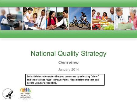National Quality Strategy Overview January 2014 Each slide includes notes that you can access by selecting “View” and then “Notes Page” in PowerPoint.