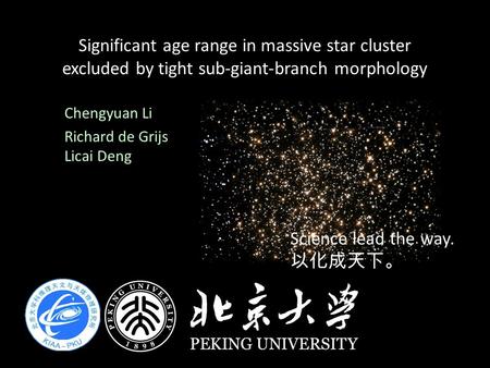 Significant age range in massive star cluster excluded by tight sub-giant-branch morphology Chengyuan Li Richard de Grijs Licai Deng Science lead the way.