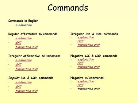 Commands Commands in English explanation Regular affirmative tú commands explanation drill translation drilltranslation drill Irregular affirmative tú.