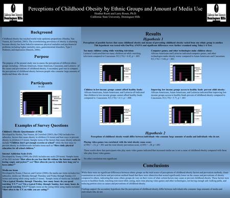 Perceptions of Childhood Obesity by Ethnic Groups and Amount of Media Use Heather Ruoti and Larry Rosen, Ph.D. California State University, Dominguez Hills.