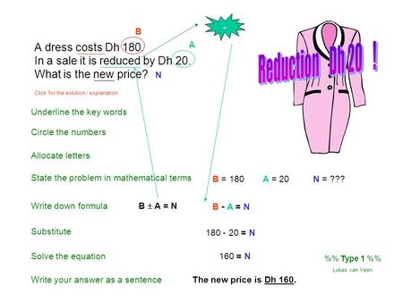 A dress costs Dh 180. In a sale it is reduced by Dh 20. What is the new price? Underline the key words Circle the numbers Write down formula State the.